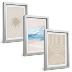BILDER SET 3er Set - 20x30 cm Silberner Rahmen - Sonnenwellen abstrakte Linien Pastell