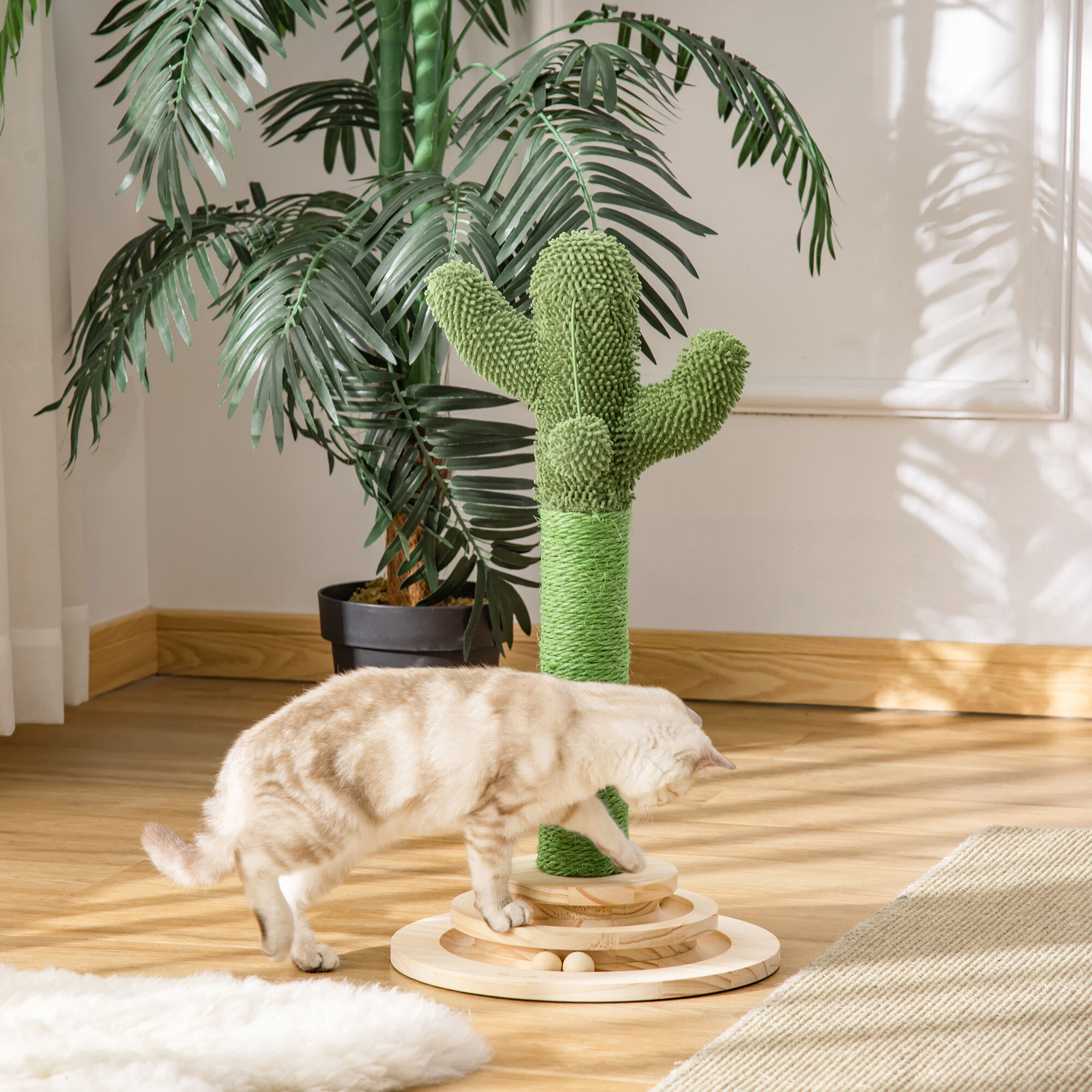 Altro Albero Tiragraffi A Cactus Per Gatti, Corda Sisal E Base Con Palline In Legno, 32x32x60cm