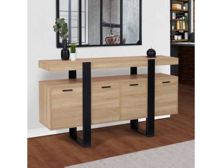 ID MARKET buffet PHOENIX 4 portes 160 cm Loft bois et noir