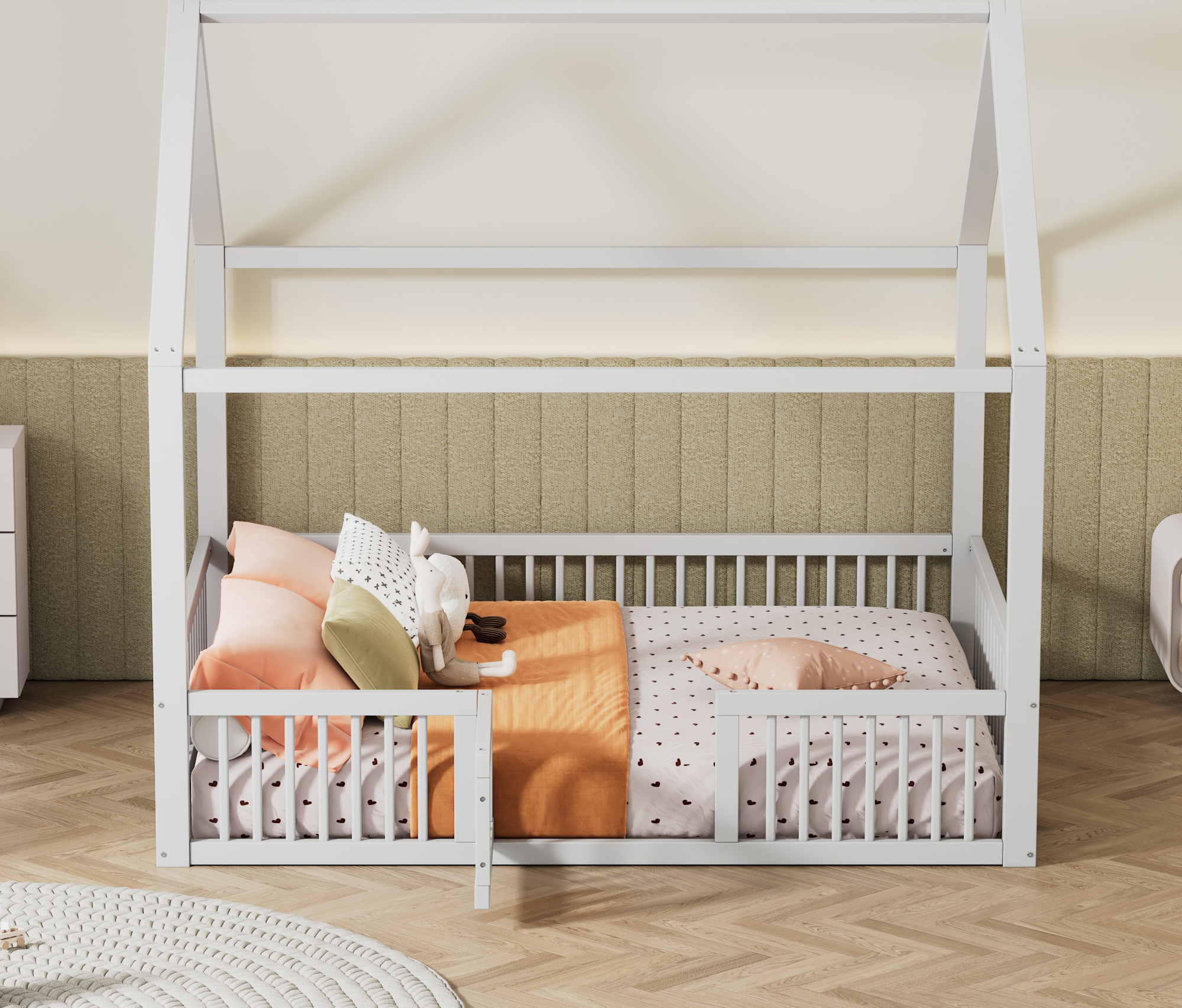 okwish Kinderbett 140x200 Jugendbett Kinderbett mit Türchen und Zaun,Hausbett Bettgestell aus Kiefer und MDF,weiß(mit Matratze)