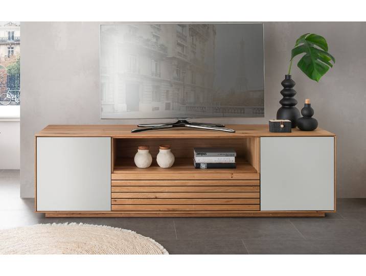 Lowboard Riva in Wildeiche geölt mit eleganter Holz-Weißglas-Kombination – Montierte Lieferung – 3%-Vorkasse-Rabatt