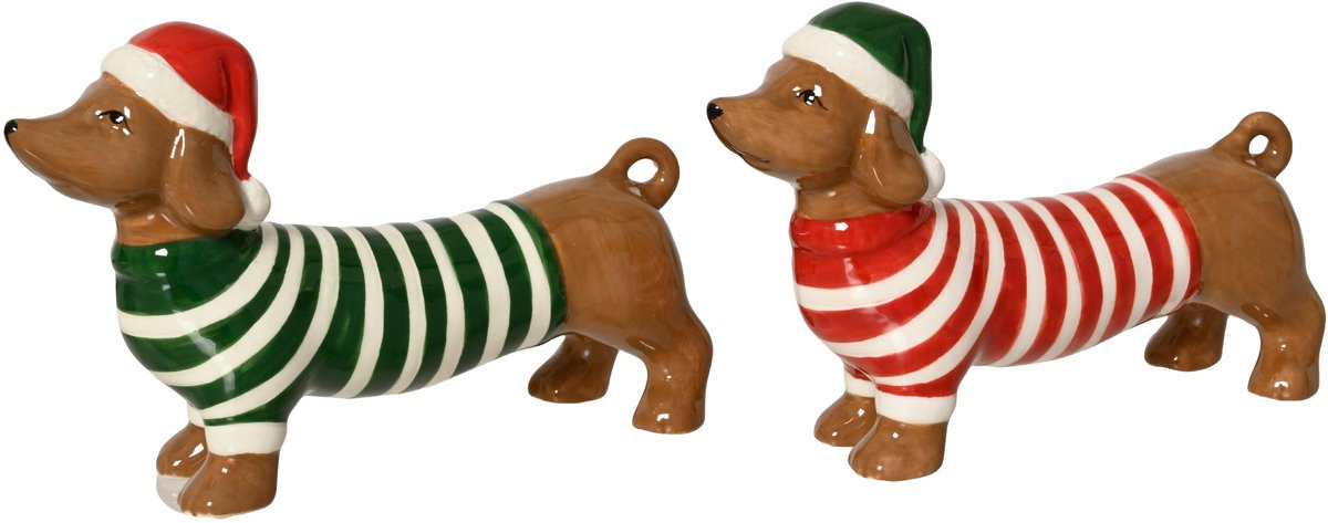 Decoris - Set van 2 kerst-teckels van geglazuurd keramiek