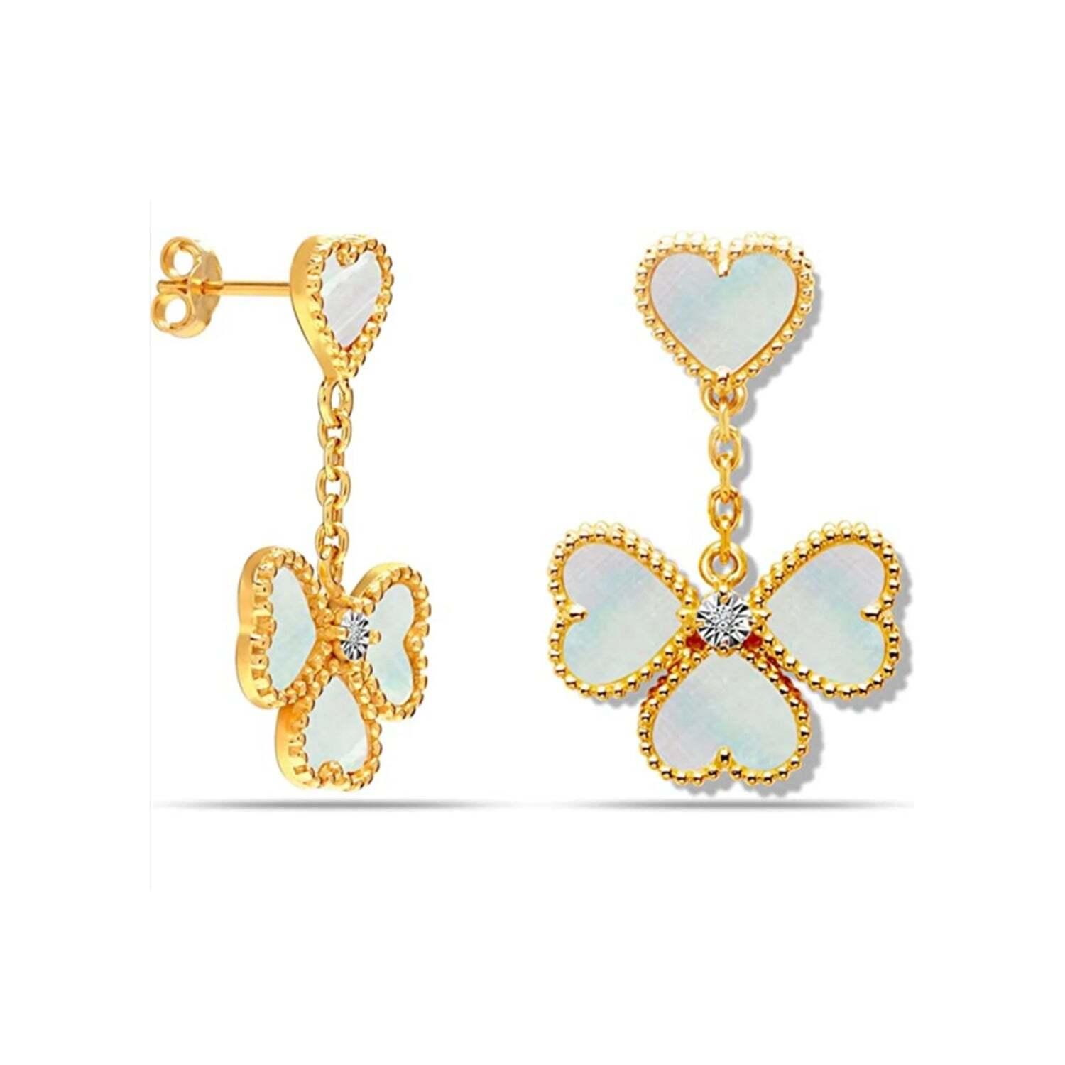 Damesoorbellen Moederschelp Bloem en Cubic Zirconia met Verguld 925 Sterling Zilver BIPE003