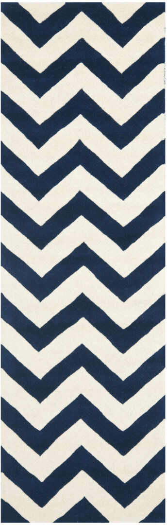 Brayden Studio Terence Chevron Wool Hand Woven Area Rug Dark Blue/Ivory Runner 69 x 213 cm