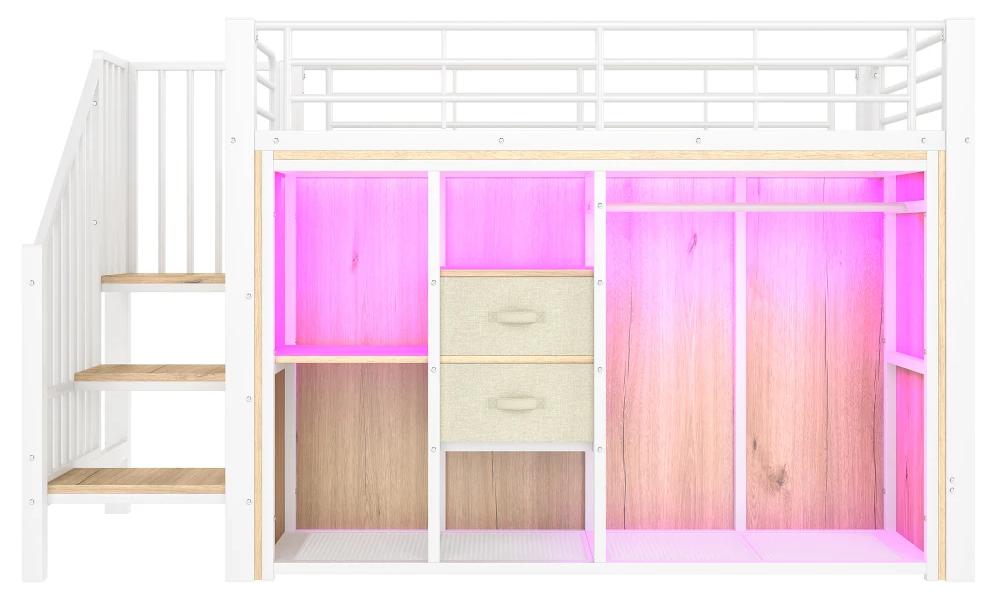 Etagenbett - Metall - 90 x 200 cm - 2 Schubladen und offener Kleiderschrank - Mehrfarbige LED-Beleuchtung - Ohne Matratze - Weiß