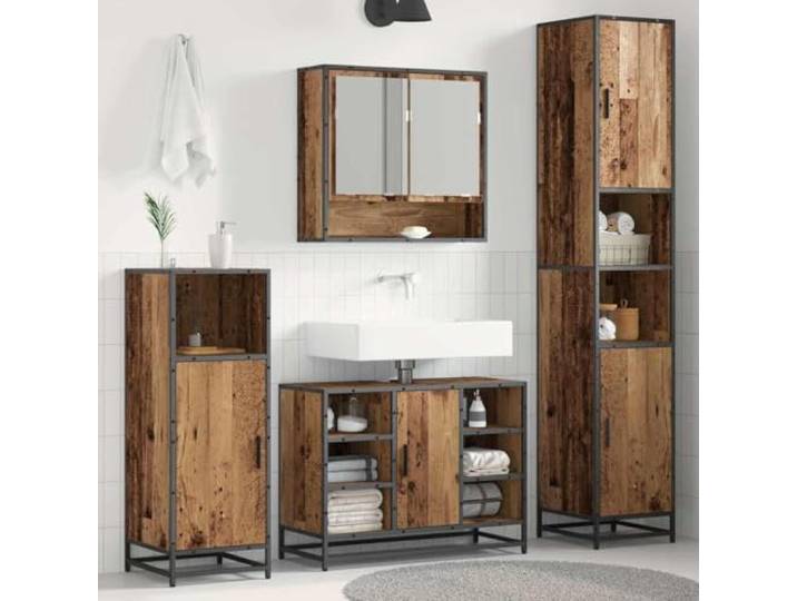 Badezimmermöbelset Altholz 35 x 37,5 x 188,5 cm Holzwerkstoff Schrank Holzwerkstoff, Metallgriffe, flächenbündige Türen, stabile Beine, Regale, pflegeleicht