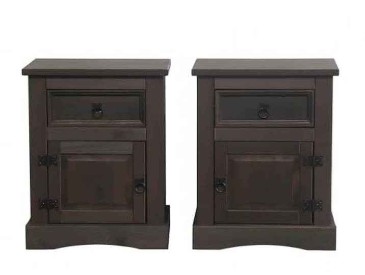 Dynamic24 Hacienda-Look – 2X Nachtschrank New Mexiko Nachttisch Nachtkonsole Schrank kolonial – 53x66x38 cm – 1 Schublade(n) – Massive Kiefer – Farbe Dunkelbraun – Hacienda-Stil – wärmender