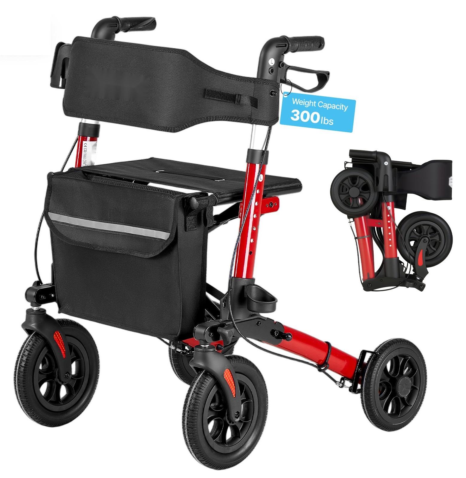 Rollator - Gehwagen mit Sitz - Dreifach Faltbar - Leicht - Höhenverstellbar - Feststellbremse - Bis 136 kg - Rückenlehne, Tasche & Gehstockhalter - Rot