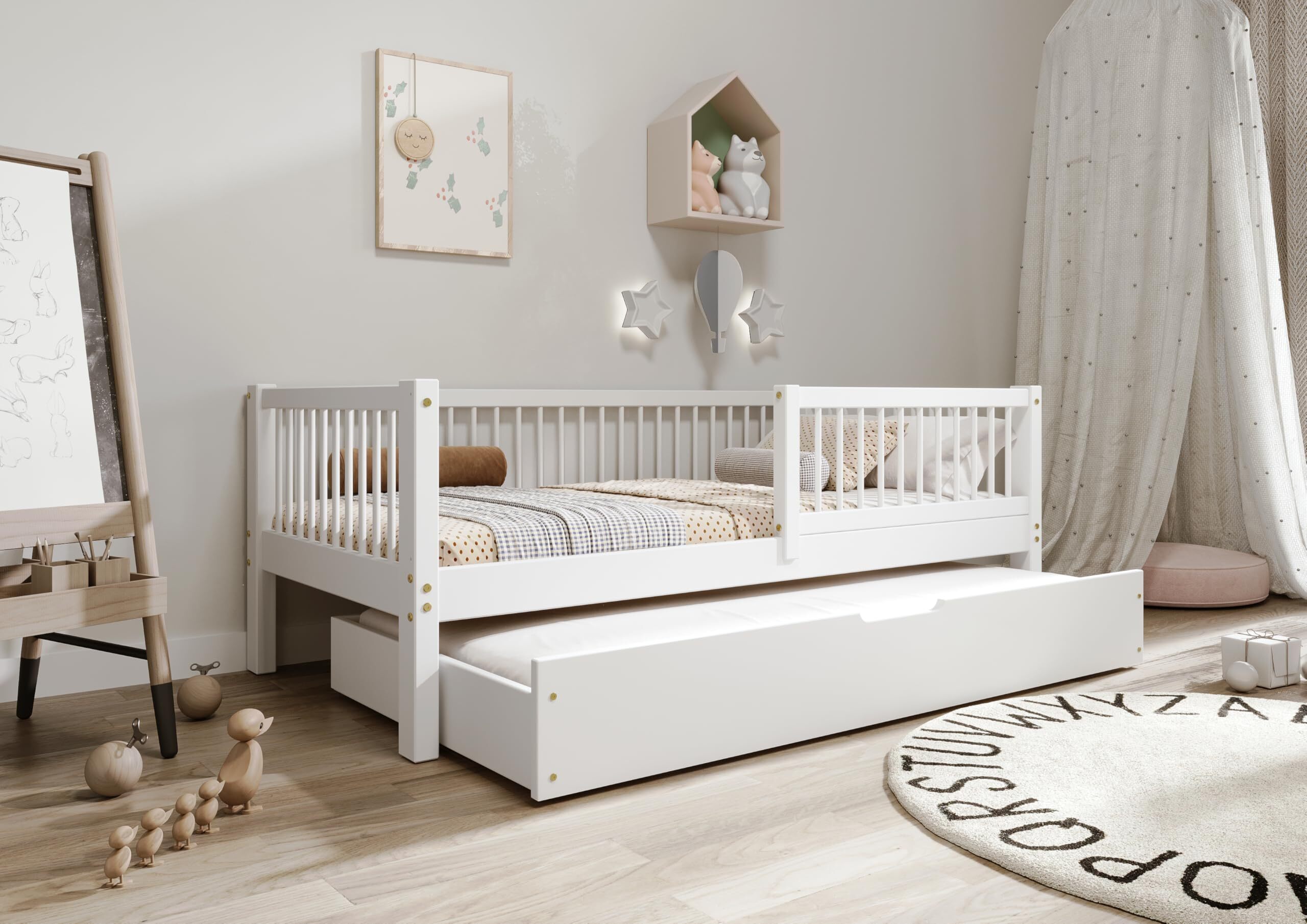 TIMBEE Alfie Doppelbett Kinderbett 70x140 mit Schublade mit Schlaffunktion Kieferbett Weiß