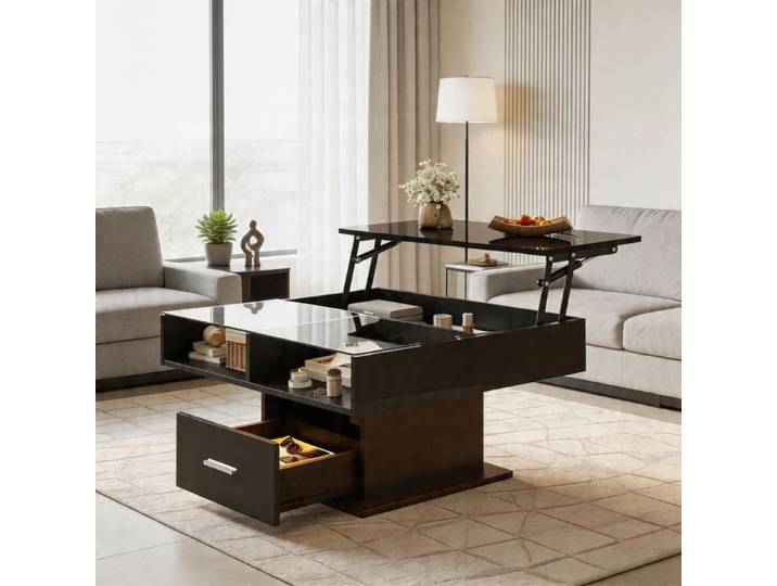 Table basse multifonction - Extensible - LED Bluetooth - Hauteur réglable - Noir brillant