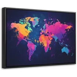 LEINWAND Bilder mit Rahmen - Weltkarte - Bunt - Graffiti - 30x20