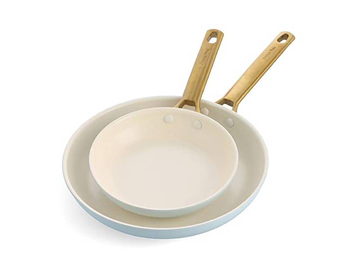 GreenPan Reserve Hartanodisierte gesunde keramische Antihaft-Bratpfannen-Set mit 20 und 26 cm Durchmesser, Goldgriff, PFAS-frei, induktionsgeeignet, backofenfest, Muttertagsgeschenk, hellblau