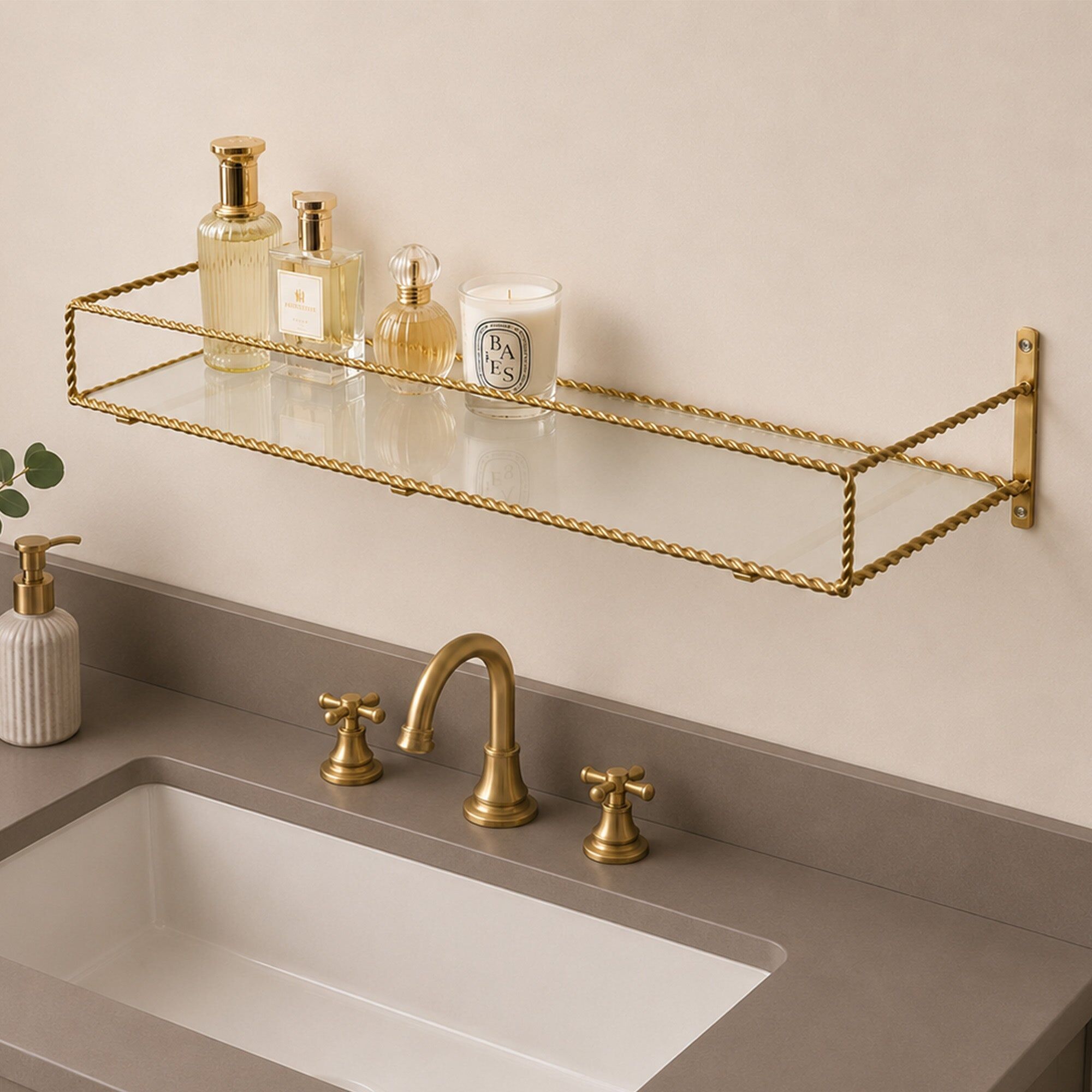 Large Gold Twisted Rope Design Frosted Glass Wall Shelf Metal, Glass