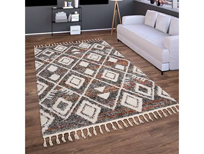 Paco Home Hochflor Teppich Wohnzimmer Schlafzimmer Shaggy Boho Modern Skandinavisch Geometrisches Rautenmuster Fransen, Grösse:120x160 cm, Farbe:Bunt