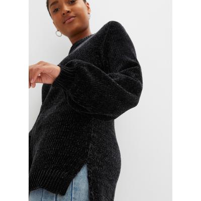 Longpullover BONPRIX "Chenille-Longpullover", Damen, Gr. 36/38 (S), schwarz, Strick, Obermaterial: 100% Polyester, bequem Po-bedeckend, U-Boot-Ausschnitt, weit Strickbund, Pullover Longpullover, aus Chenille, mit breitem U-Boot-Ausschnitt, hinten...