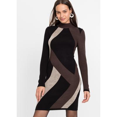 Strickkleid BONPRIX, Damen, Gr. 36/38 (S), N-Gr, Langarm, schwarz (schwarz, braun graphisch), Obermaterial: 100% Polyacryl, eng, Kleider Strickkleid, aus Polyacryl, eng anliegende Passform, mit Jacquard-Muster