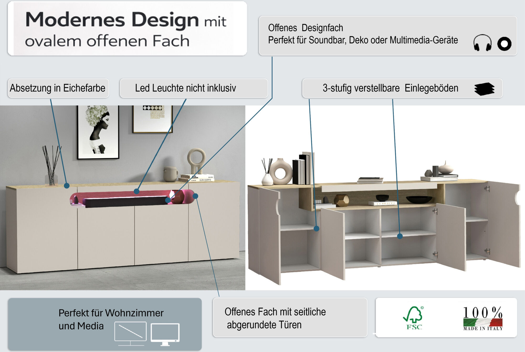 Sideboard GOODPRODUCT "Sideboard REAL, Kommode, Schrank, Kredenz", beige (eiche chopin, kaschmir), B:200cm H:80cm T:40cm, Sideboards, Sideboard, Mit 4 Türen, davon 2 abgerundet, die ein ovales offenes Fach bilden eiche chopin, kaschmir B/H/T: 200cm x 80cm