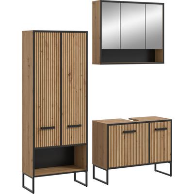 Badezimmer-Set WELLTIME "LOCRI, 3-tlg. Badkombination, Breite 154 cm, Rillenoptik, Metallkufen", braun (artisan oak nachbildung, schwarz), Holzwerkstoff, Kastenmöbel-Sets, Bad-Kombination, Bad-Möbel, Badezimmer, Kombination, Kombi