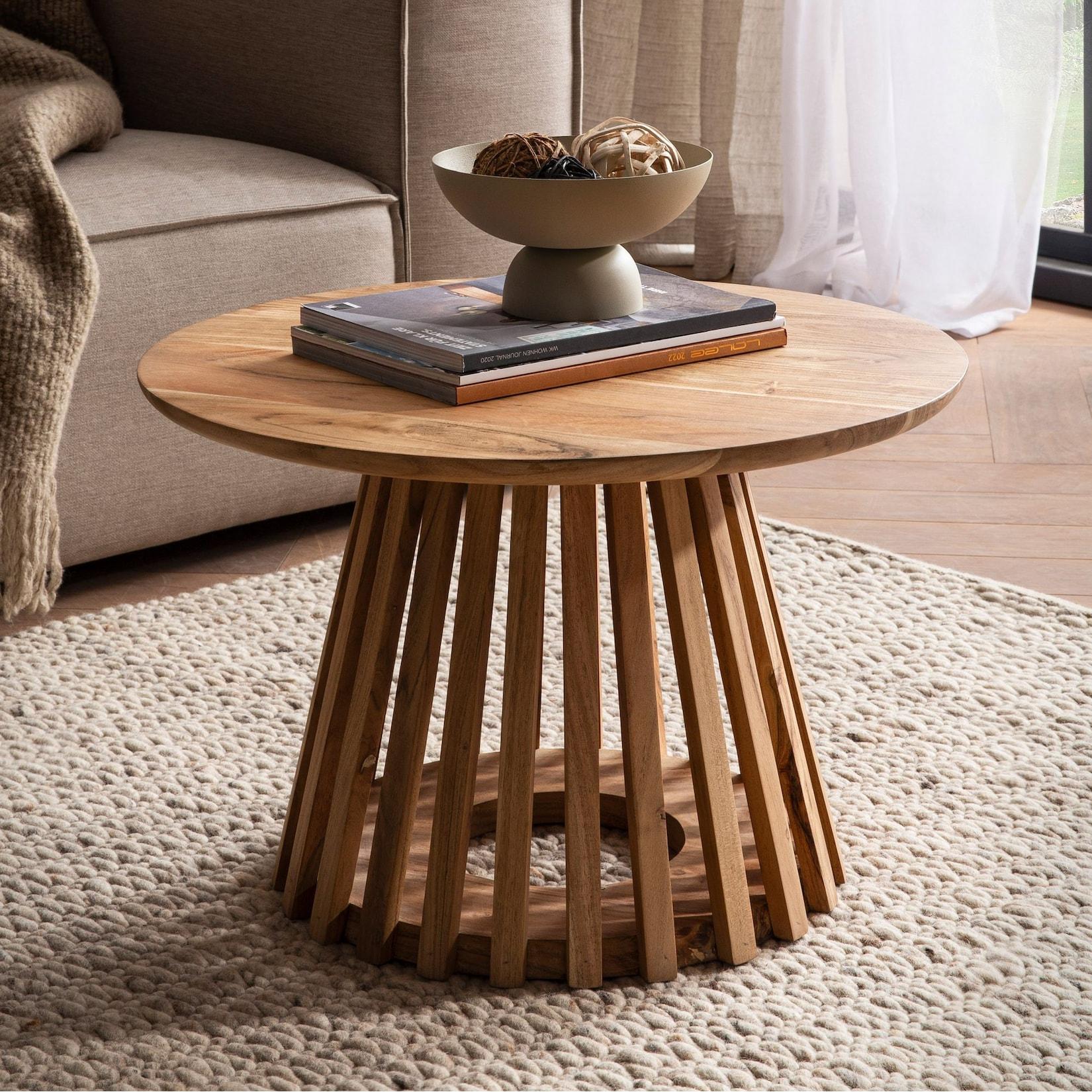 FineBuy Couchtisch Akazie Massivholz rund 60 cm Wohnzimmertisch Lamellenfuß