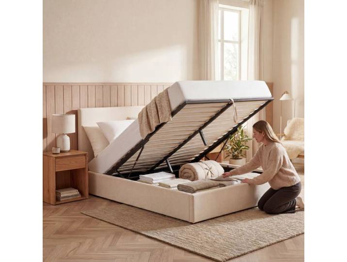 Lit coffre velours beige Nemesis 140x190 cm