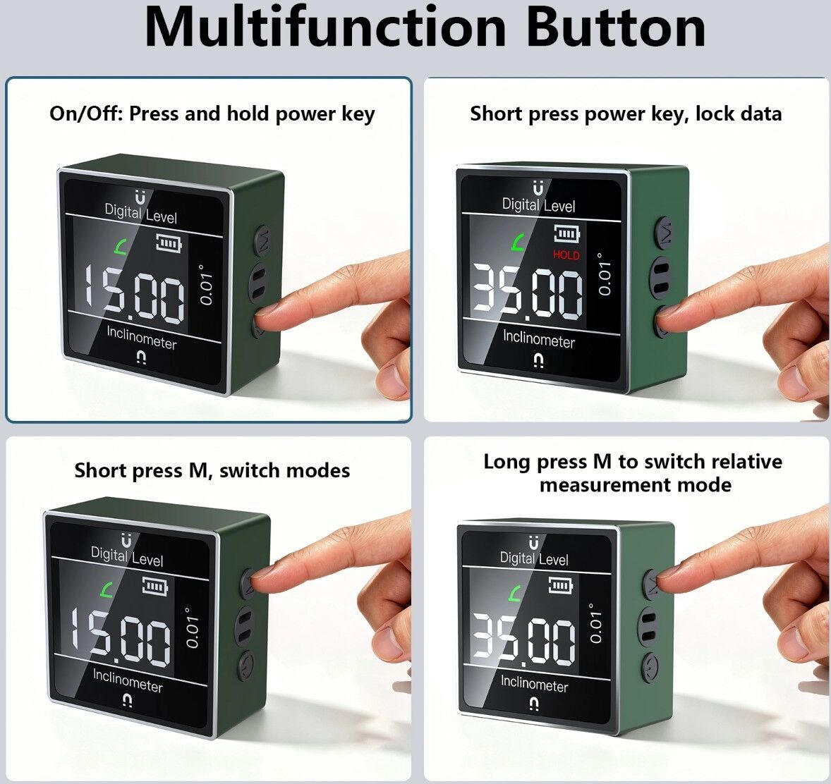INF Mini inclinomètre numérique avec précision de 0,01°, cinq modes et fixation magnétique Vert
