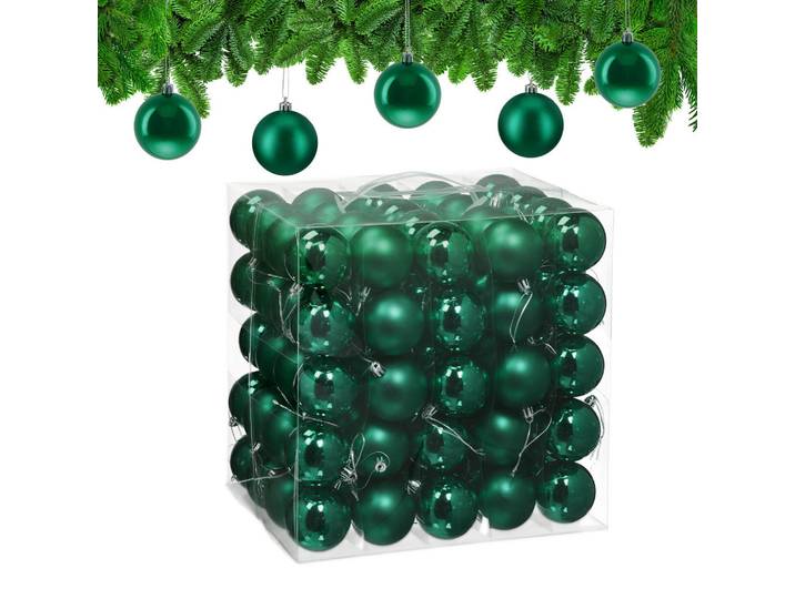 Relaxdays Christbaumkugeln Dunkelgrün 100er-Set, Kunststoff, 6x7x6 cm, Dekoration, Weihnachtsdekoration, Christbaumschmuck