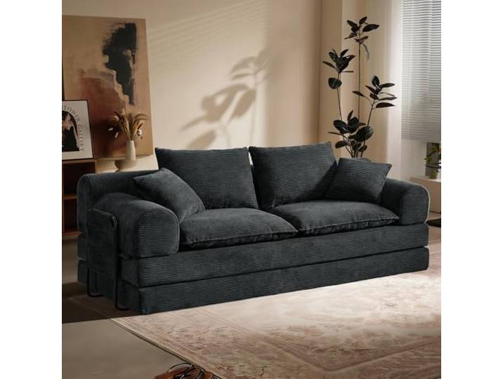 Vipbear Schlafsofa 201cm Breit, Boneless Couch mit Schlaffunktion Cord Sofa 5-in-1 Bodensofa, 3 Sitzer Boneless Schlafcouch, Cloud Modulares Sofa Bed für Wohnzimmer Schlafzimmer Lounge Schwarz
