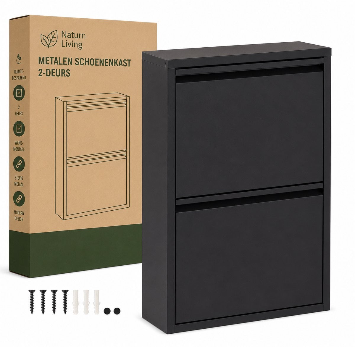Naturn Living Metalen Schoenenkast 2-Deurs Mat Zwart – Wandmontage – Hoogte: 71,5 cm