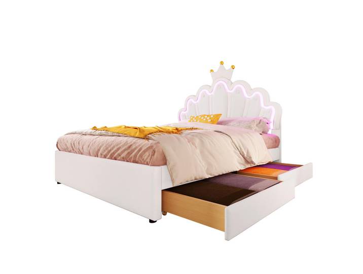 Flieks Polsterbett 140x200cm Weiß PU Fernbedienung Kronenform 2 Schubladen, Holz, 140x200 cm, Schlafzimmer, Betten, Polsterbetten