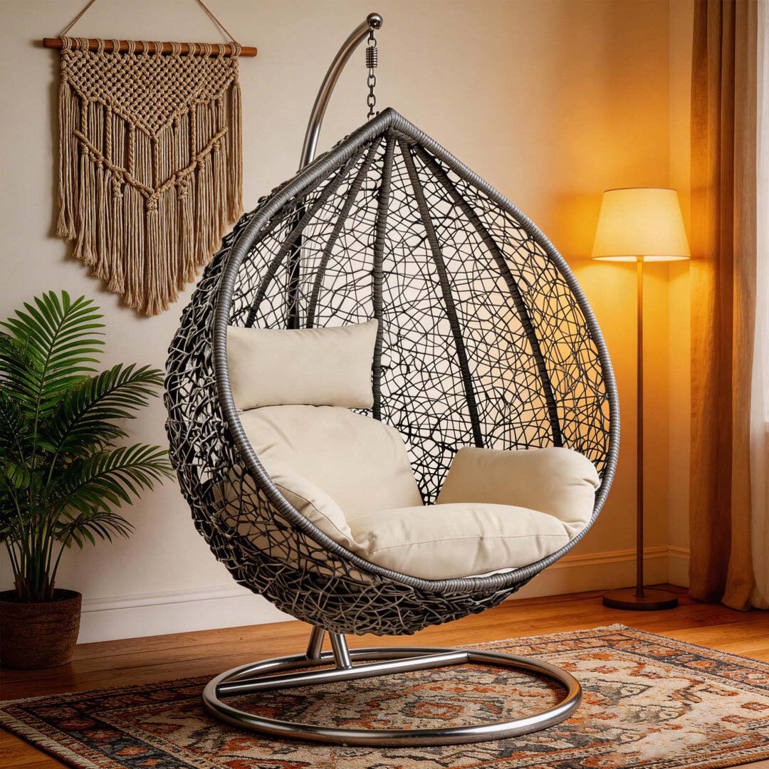 Bloomsbury Market Naperon Garden Swing Chair with Stand Grey/White 200cm H X 105cm W X 102cm L