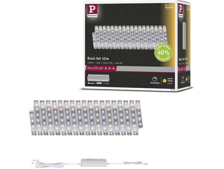 PAULMANN LED-Streifen MaxLED 500 LED Strip Warmweiß Basisset , silber (silberfarben), Dioden 640 Stk., Gesamtlänge 12,5m, Lichterketten, LED-Streifen
