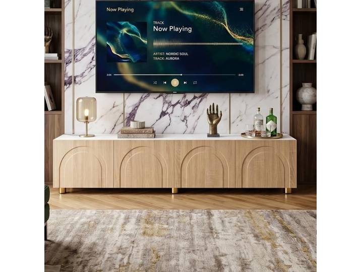 Meuble TV 180cm Design Arche en Bois & Blanc 4 Portes avec Rangement Pieds Métal Meuble Bas Salon Élégant