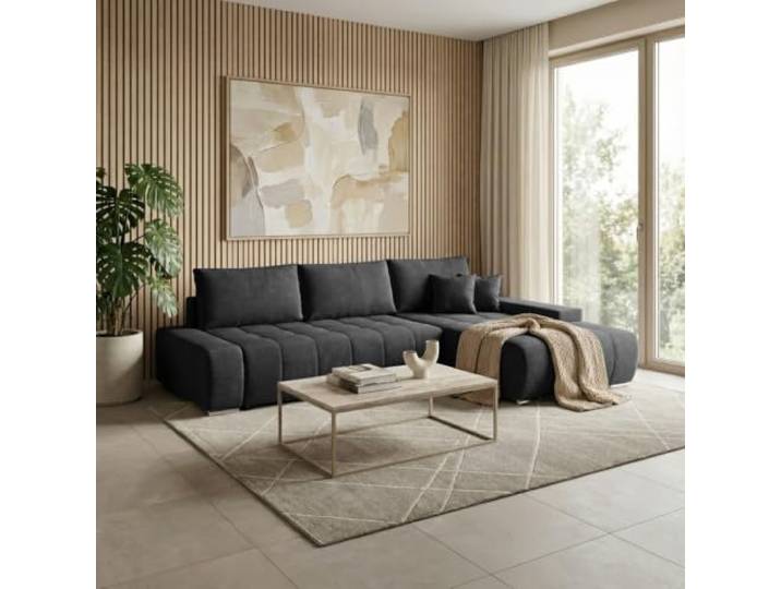 DRACO L Ecksofa mit Schlaffunktion und Bettkasten, Anthrazit, rechts Liegefläche 215 × 140 cm, Ottomane links oder rechts, Modernes Schlafsofa, Mit Stauraum