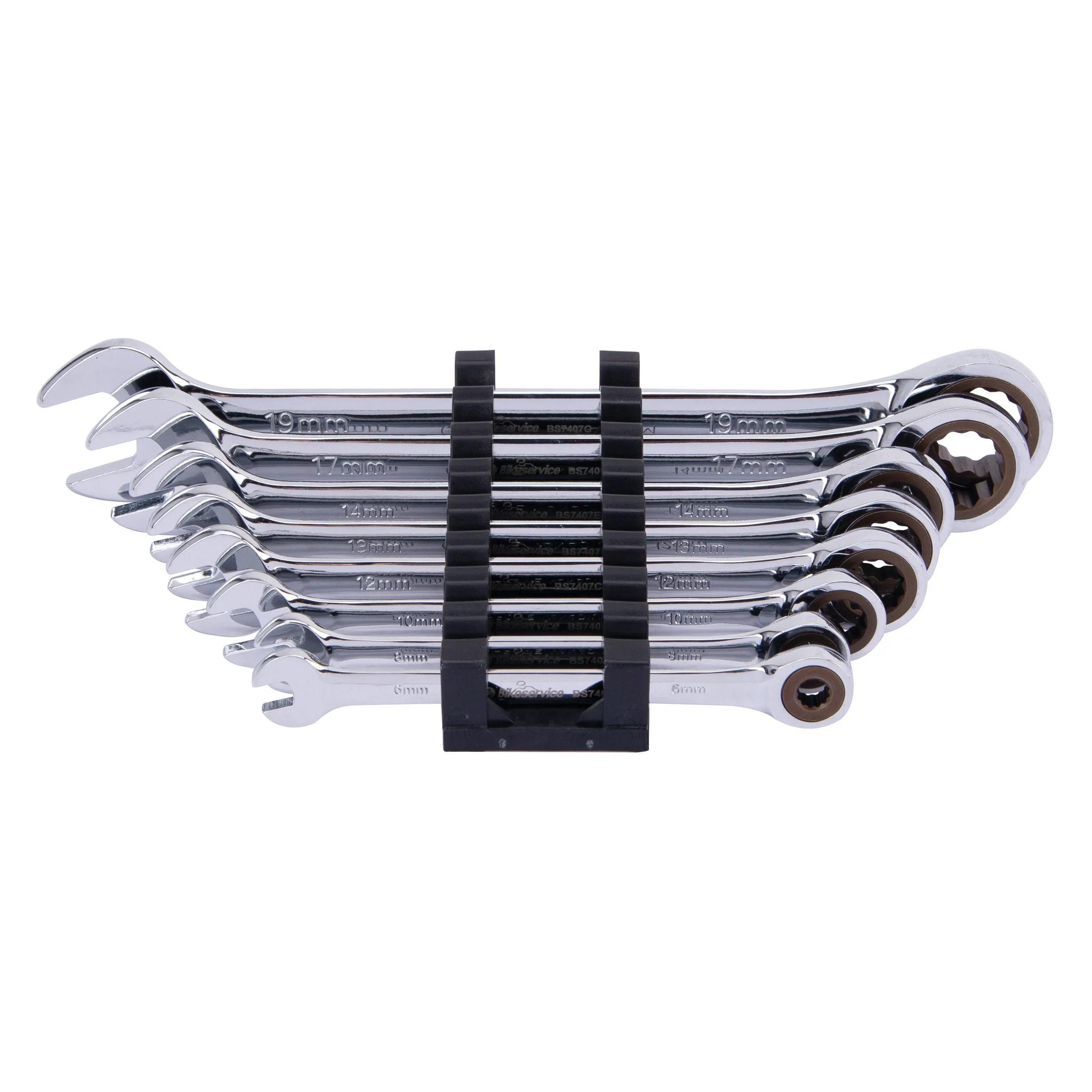 Bikeservice Bike Service Set Schlüssel Maulschlüssel Ratsche 6 - 19 mm Chrom (Werkzeug Generika)/Rat (10 mm, 12 mm, 13 mm, 14 mm, 17 mm, 19 mm, 6 mm, 8 mm) (BS7407)