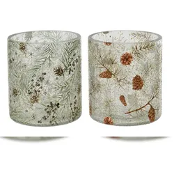 Christmas Decorations Teelichthalter Glas 10cm Tannenzweige Zapfen Wintermotiv Windlicht Kerzenhalter Teelichtglas Dekoglas Weihnachtsdeko Transparent