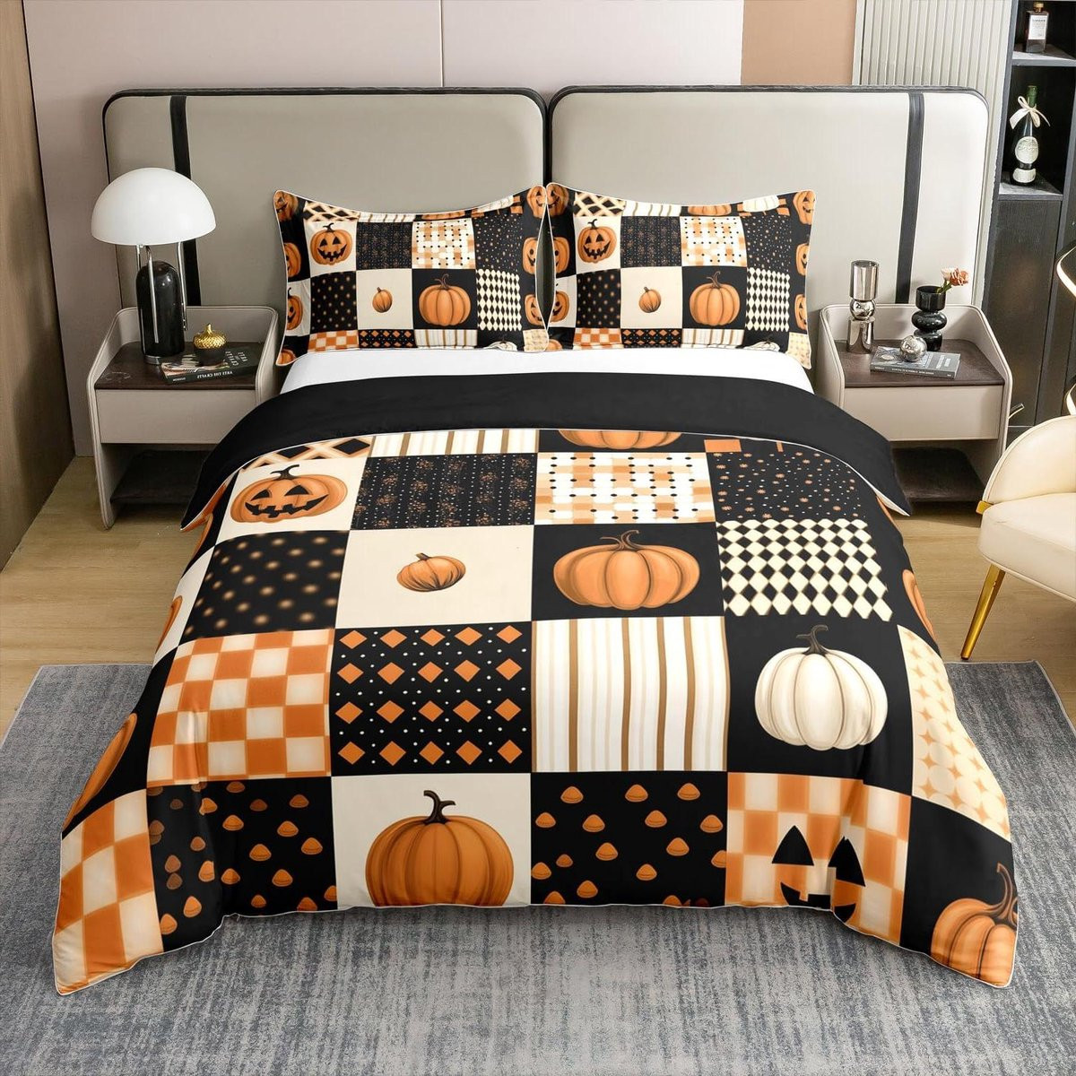 Pompoen Dekbedovertrek Set - Patchwork Boerderij Stijl - Zwart Oranje - 135 x 200 cm