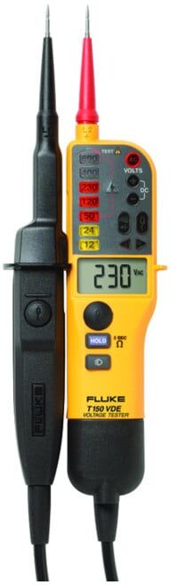 Fluke FLUKE-T150/VDE Spannungsprüfer   Spannungsprüfer für die Messung von Wechsel- und Gleichspannung bis zu 690 V mit LCD-Anzeige, LED-Leuchten, Vibrationsalarm und Lastprüfung, 4093109)