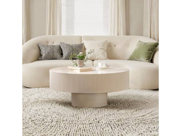 Runder Couchtisch aus Holz (Trommelform) Moderner runder Couchtisch aus Holz mit Rillenstruktur Handgefertigter Couchtisch mit gerillter Oberfläche für Wohnzimmer & Apartments,Thick round white