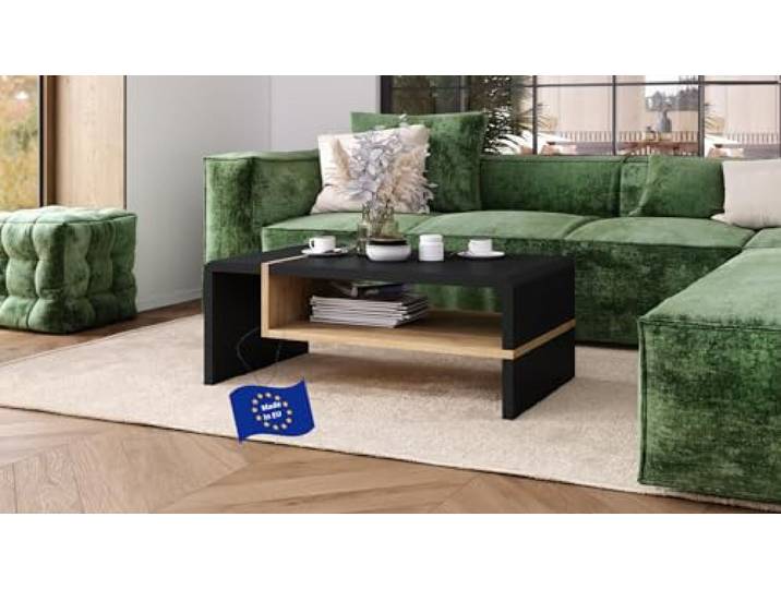 Folk Couchtisch Schwarz matt / Eiche Gold 100x60x40 cm mit praktischer extra Ablage modern stabil vielseitig als Wohnzimmertisch Beistelltisch Sofatisch zeitloses Design platzsparend Wohnzimmer