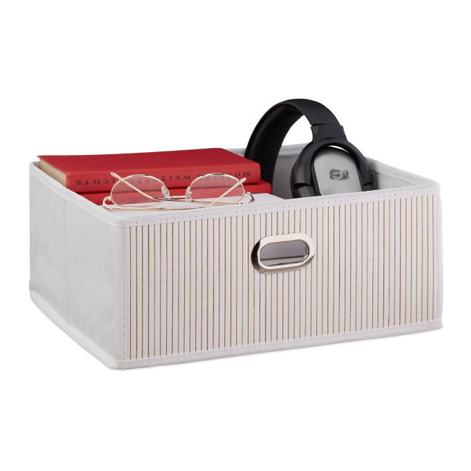 Relaxdays 10 stuks opbergmanden bamboe wit, inklapbaar met handgrepen, H x B x D: 14 x 31 x 31 cm
