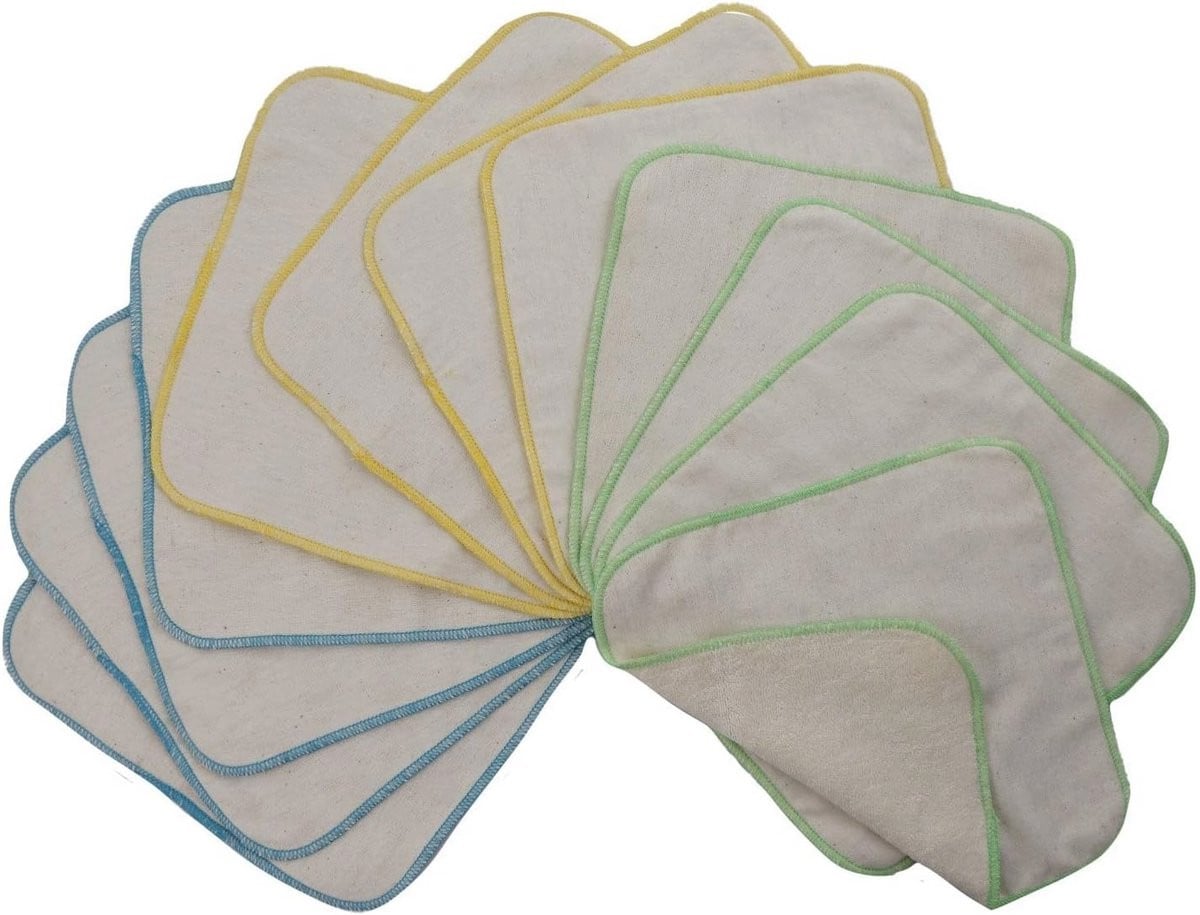 Set van 12 kleurrijke dubbellaagse flanellen babywashandjes van katoen