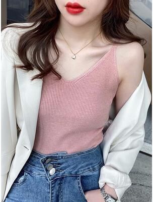 Retailers Go Solid V Neck Elastic Knitted Suspender Camis, Korea Summer Tops New, Women's Tanks Clothing Basics Shirt pink