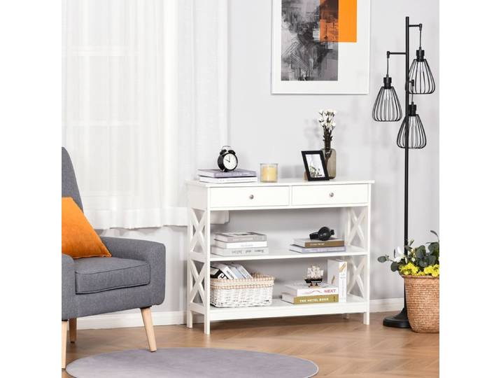 Table de console meuble console table d'entrée style néo-rétro 2 tiroirs 2 étagères dim. 100L x 30.5l x 80H cm en bois Blanc