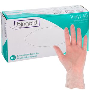 bingold Einmalhandschuhe Vinyl 45, transparent, 100 Stück, Vinyl, chemikalienbeständig, lebensmittelecht, Größe L
