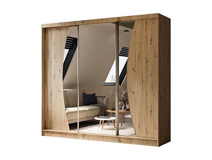 Margaret Hadas24 Kleiderschrank Vex mit Spiegel, Organizer, Mehrzweckschrank, Schwebetürenschrank, Garderobenschrank, Kleiderstange, Kleiderständer, Flurschrank, 3-türig, braun, 240 cm