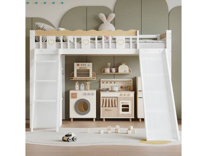 Lit mezzanine enfant - 90x200 - Toboggan intégré - Placard & rangement sous-lit - Barrière de sécurité 4 côtés