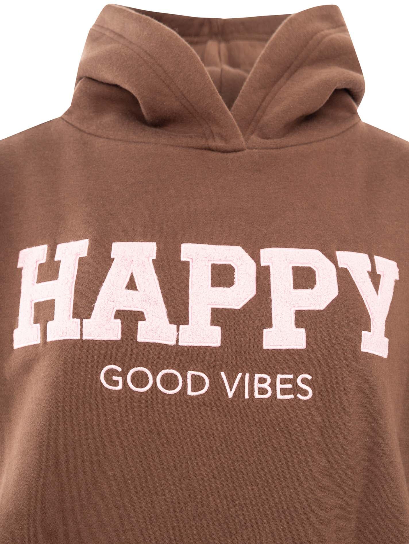 Sweatshirt ZWILLINGSHERZ "Oversized Hoody "HAPPY", Damen, Gr. S/M, braun, Obermaterial: 60% Baumwolle, 40% Polyester, Sweatshirts Sweatshirt, positiver Statement Print, Kängurutasche, Kapuze