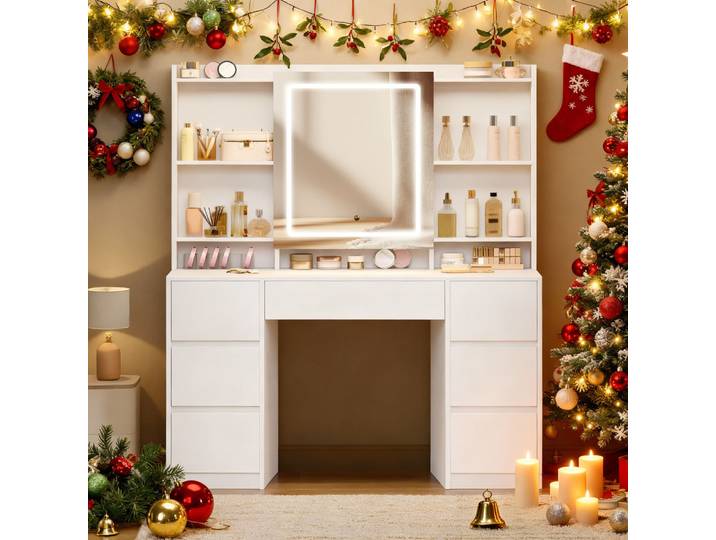 Table de maquillage Hzuaneri avec lumières, grand miroir LED, table de toilette avec 7 tiroirs, rangement derrière le miroir, blanc