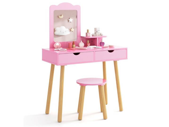 DREAMADE Ensemble Coiffeuse et Tabouret Enfants Table de Maquillage avec Miroir Etagère de Rangement 2 Tiroirs Coulissants Rose