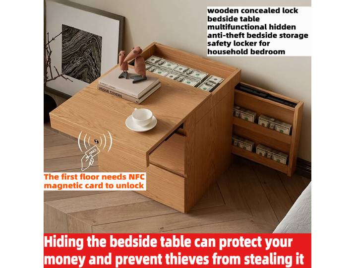Table de chevet en bois massif avec coffre-fort dissimulé, déverrouillage par carte NFC, compartiment secret, armoire de rangement sécurisée pour chambre à coucher